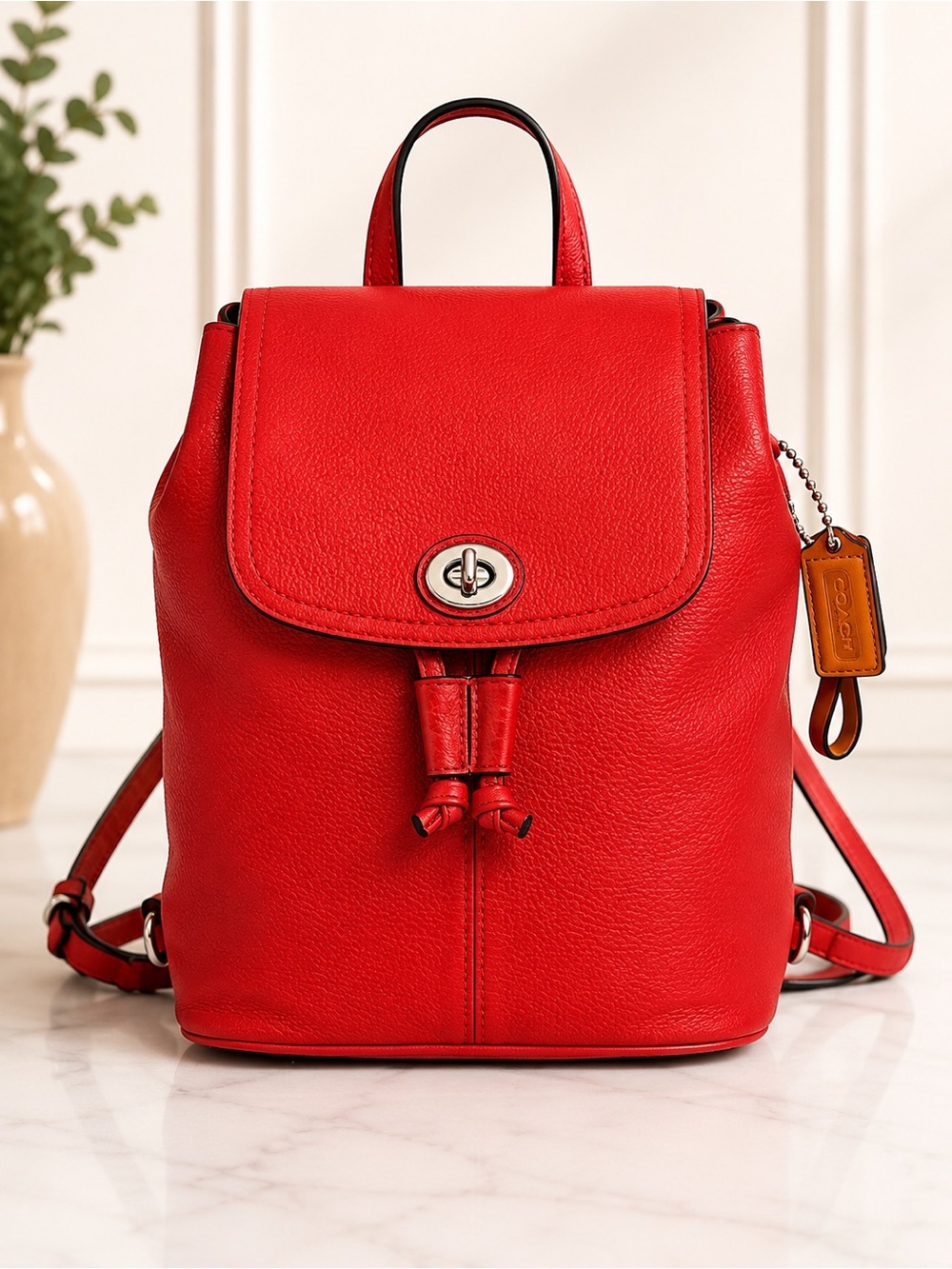 Coach Red Pebbled Leather Turnlock Backpack Drawstring Shoulder Bag F24385